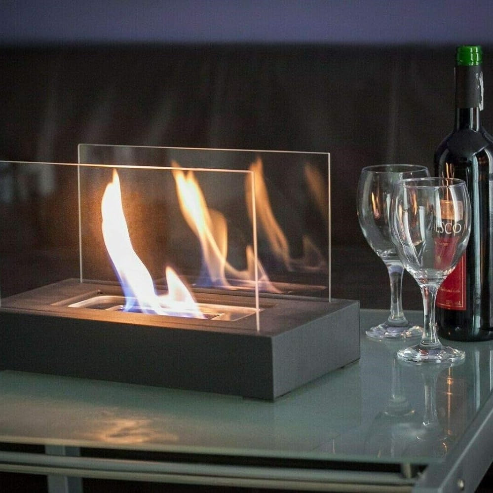 Tabletop Fireplace - Elegant Rectangular Design with Glass Walls - Metal Base & Reusable Wick - Ambient Lighting - Safe & Durable Construction - Fuel Not Included