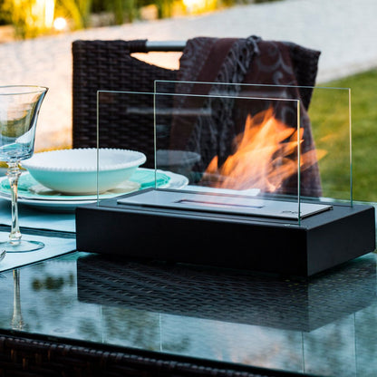 Tabletop Fireplace - Elegant Rectangular Design with Glass Walls - Metal Base & Reusable Wick - Ambient Lighting - Safe & Durable Construction - Fuel Not Included