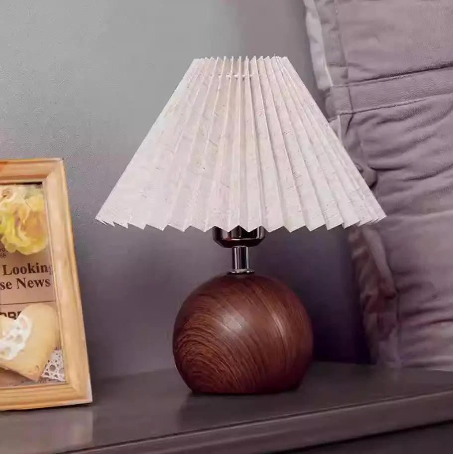 Walnut Pleated Bedside Table Lamp – USB Powered