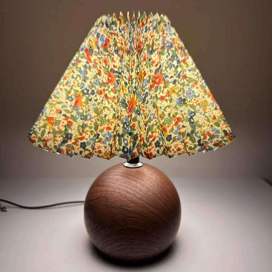 Walnut Pleated Bedside Table Lamp – USB Powered