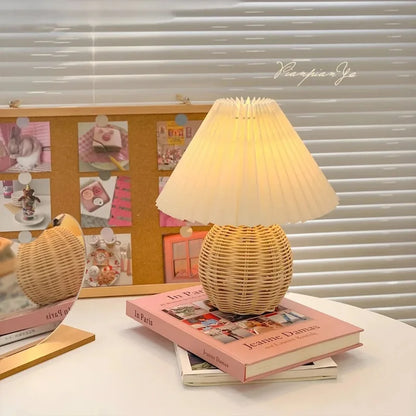 Rattan Pleated Table Lamp – USB Powered Remote Control
