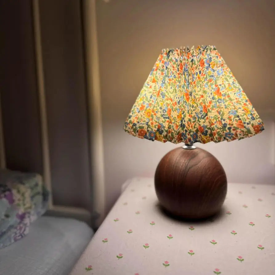 Walnut Pleated Bedside Table Lamp – USB Powered