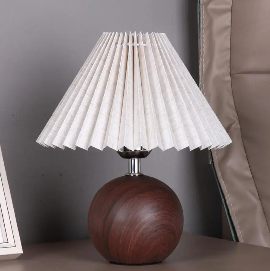 Walnut Pleated Bedside Table Lamp – USB Powered
