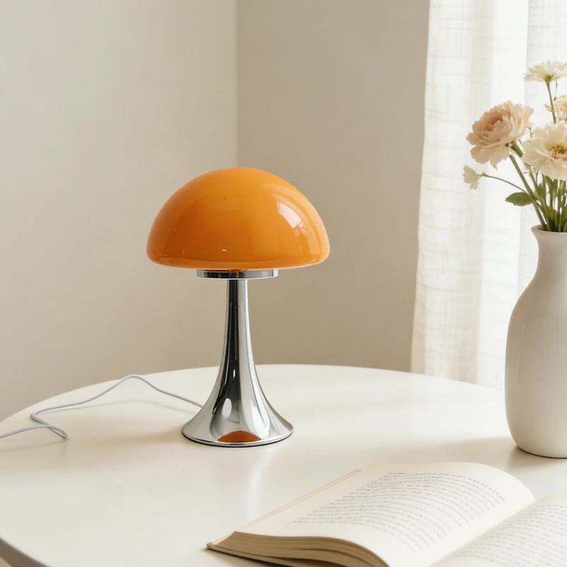 Chrome Stem Glass Mushroom Lamp – USB Powered Dimmable