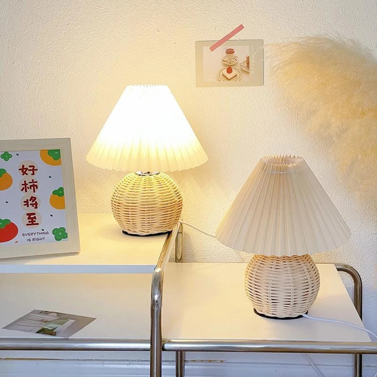 Rattan Pleated Table Lamp – USB Powered Remote Control