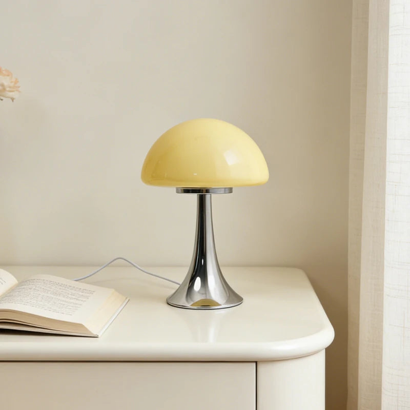 Chrome Stem Glass Mushroom Lamp – USB Powered Dimmable