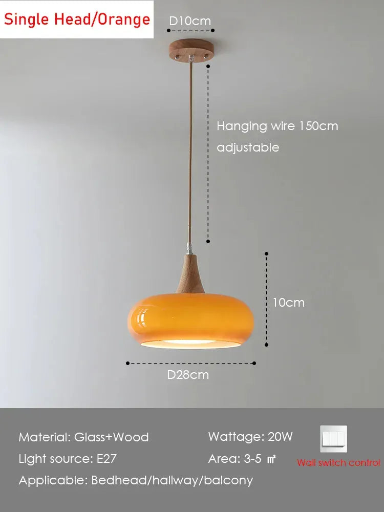 Verthara Premium Mid-Century Persimmon Glass & Wood Pendant Light 1 Head Orange / Cool white