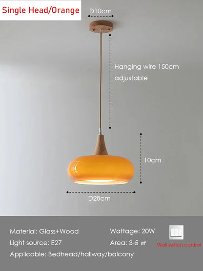Verthara Premium Mid-Century Persimmon Glass & Wood Pendant Light 1 Head Orange / Cool white