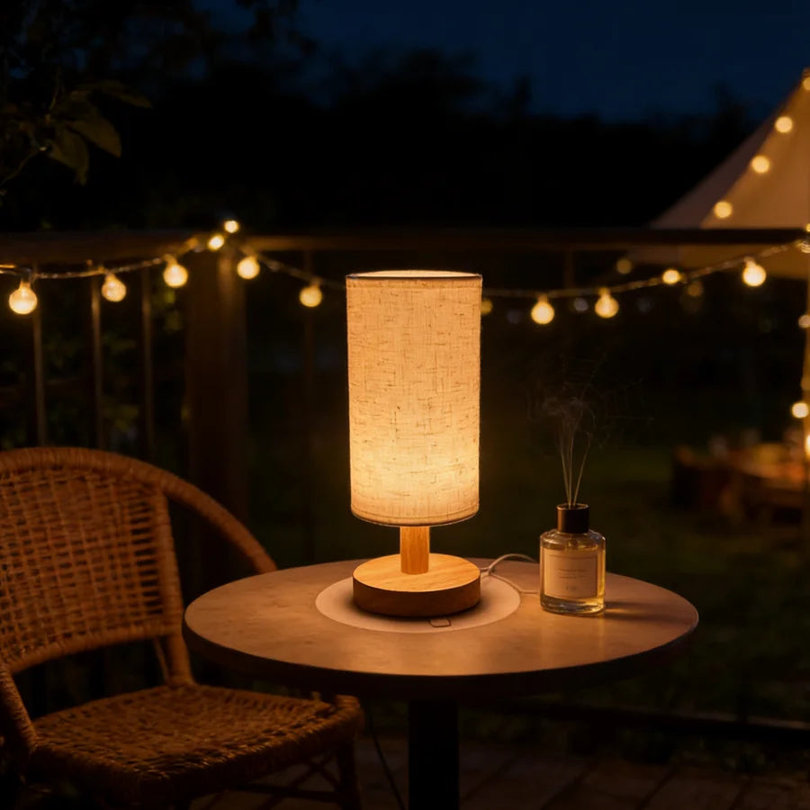 Wooden Bedside Table Lamp – USB Powered Touch Control