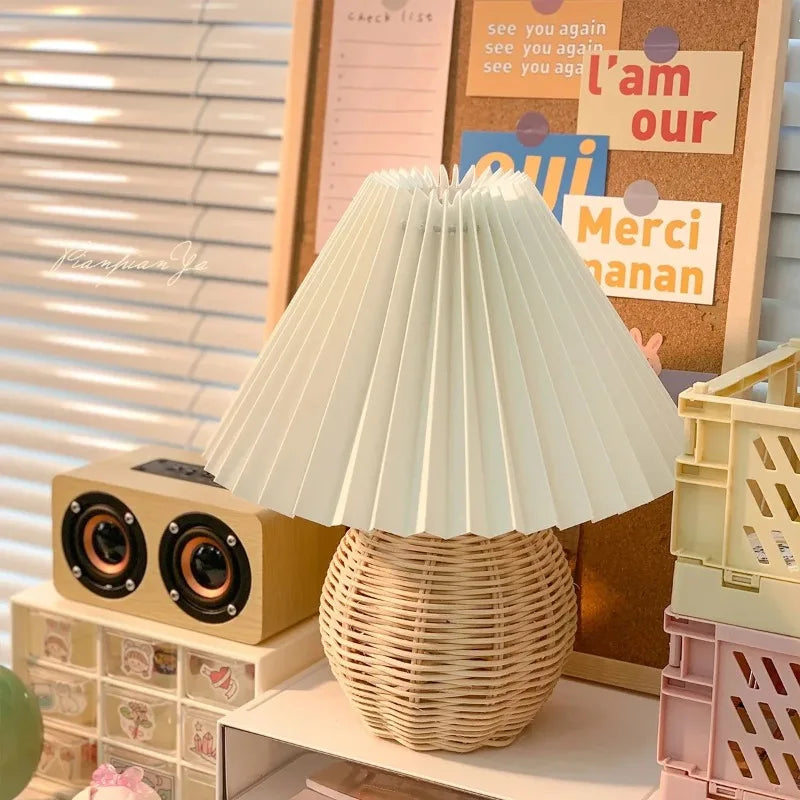 Rattan Pleated Table Lamp – USB Powered Remote Control