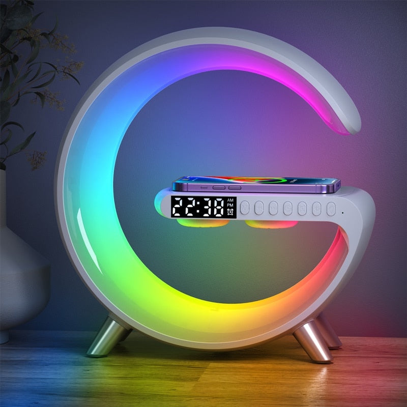 Multifunctional Wireless Charger & Bluetooth Speaker – LED Lights – Stylish Design – Fast Phone Charging – Bluetooth Audio – USB-C Interface – 15W Output