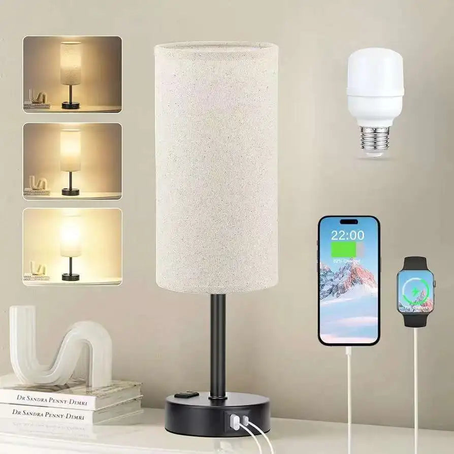 Cylinder Linen Bedside Lamp – USB Powered Dimmable
