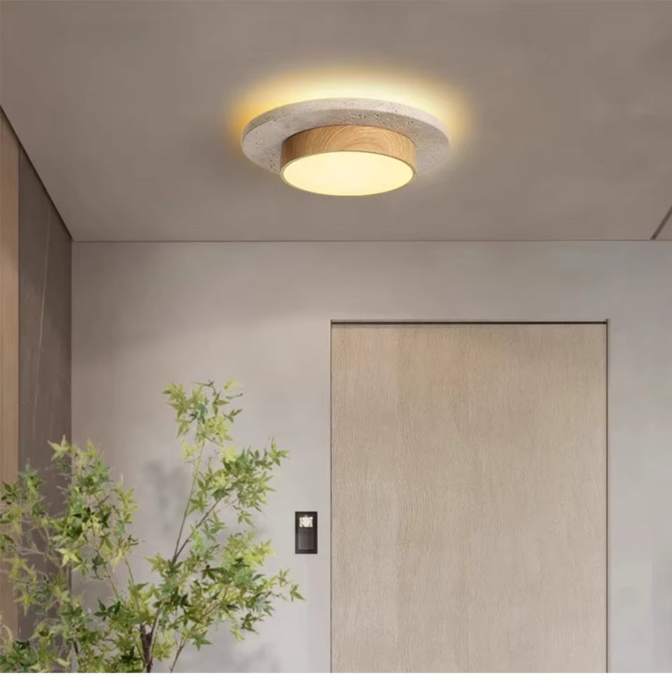 Natural Yellow Stone Flush Mount Ceiling Light – 22cm LED 28W Fixture with Dual Color Temperature for Living Room and Corridors