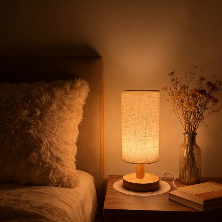 Wooden Bedside Table Lamp – USB Powered Touch Control