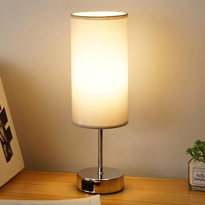 Cylinder Linen Bedside Lamp – USB Powered Dimmable