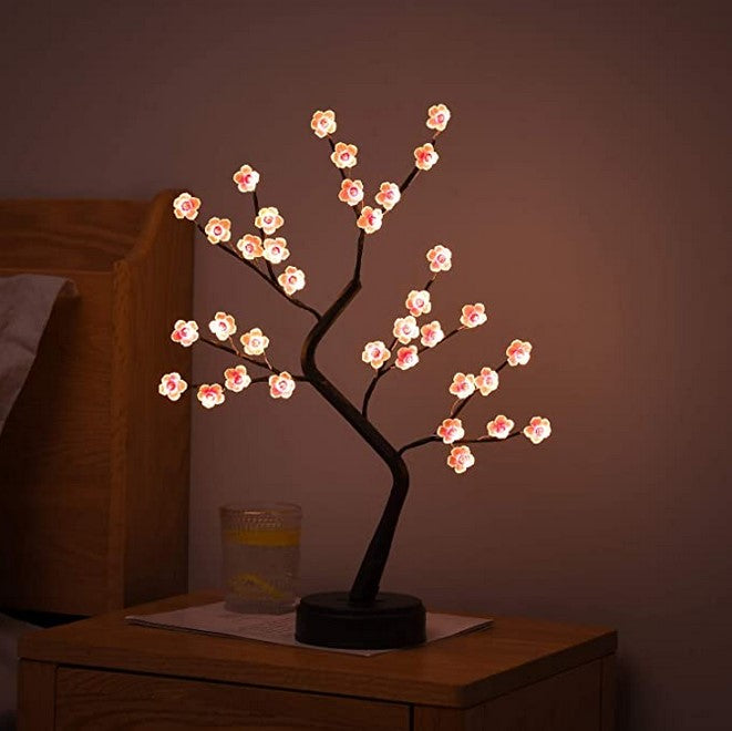 Plum Blossom Tree Lamp - Warm White LED Light - Adjustable Branches - USB/Battery Powered