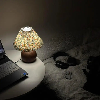 Walnut Pleated Bedside Table Lamp – USB Powered