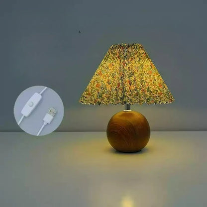 Walnut Pleated Bedside Table Lamp – USB Powered