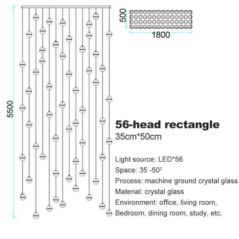Verthara Premium Crystal Glass Ball Staircase Pendant 56 bulbs rectangle / Cool white