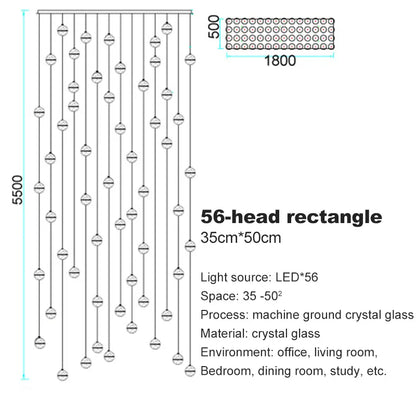 Verthara Premium Crystal Glass Ball Staircase Pendant 56 bulbs rectangle / Cool white