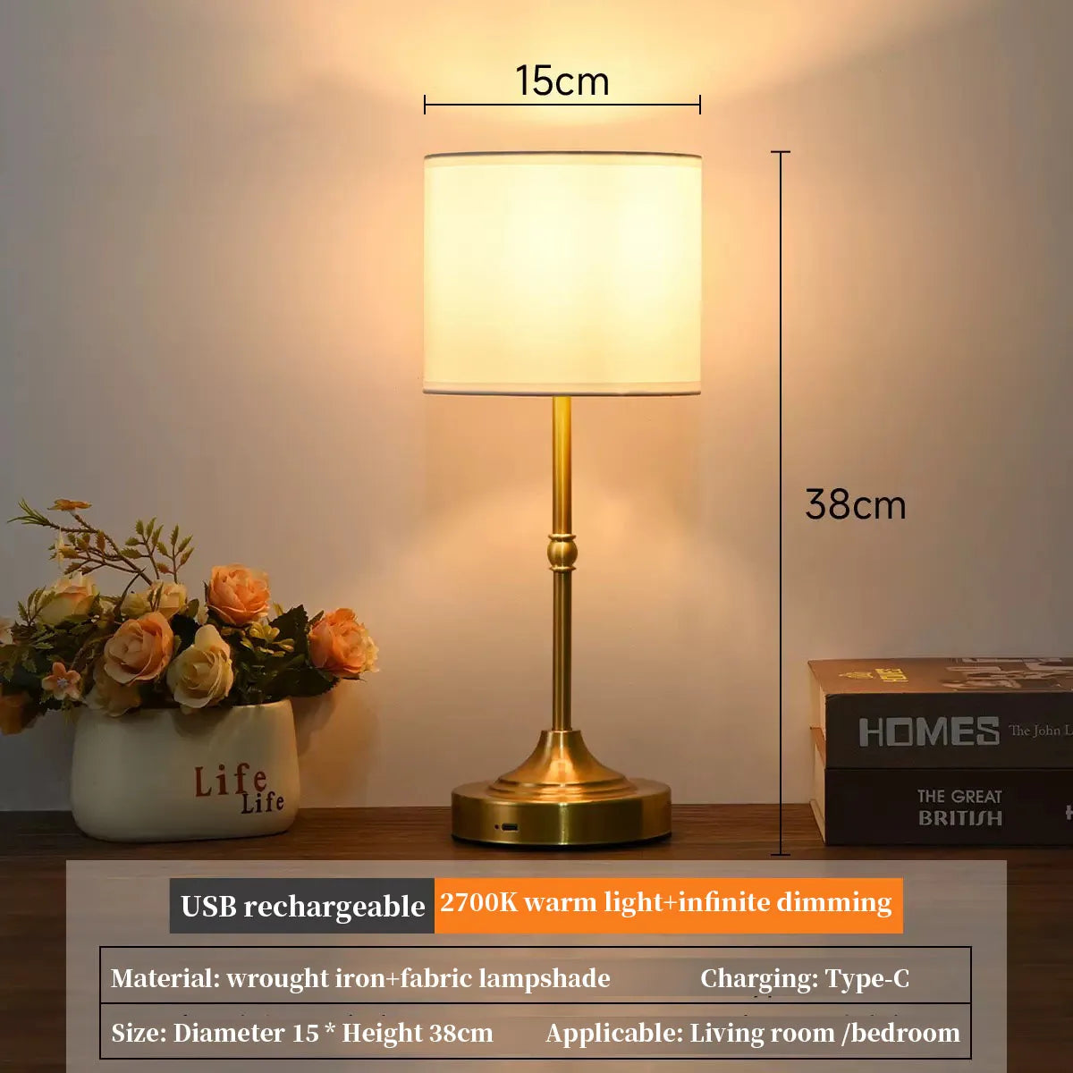 Drum Shade Brass Table Lamp – Cordless Rechargeable