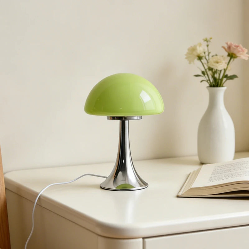 Chrome Stem Glass Mushroom Lamp – USB Powered Dimmable