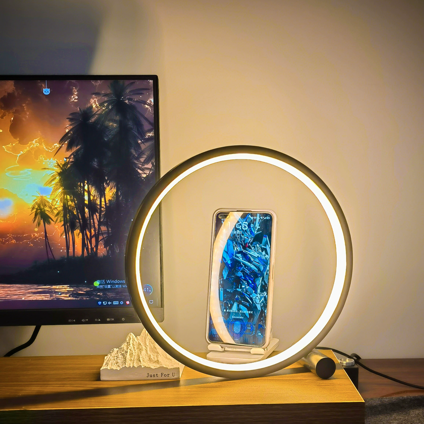 Halo Nightstand Lamp - Dimmable LED Light - Minimalistic Halo Ring Design - Perfect for Bedside or Living Room - 25 cm Diameter - LED Powered