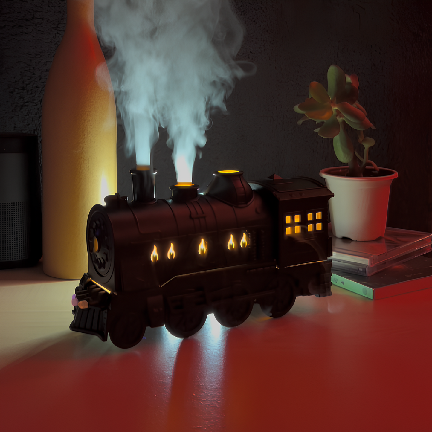 Steam Locomotive Humidifier - Vintage Design - USB Powered - Warm & Blue Light Options - 300ml Tank - Compact Size