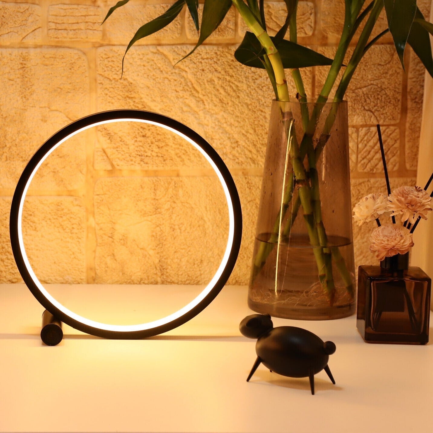 Halo Nightstand Lamp - Dimmable LED Light - Minimalistic Halo Ring Design - Perfect for Bedside or Living Room - 25 cm Diameter - LED Powered