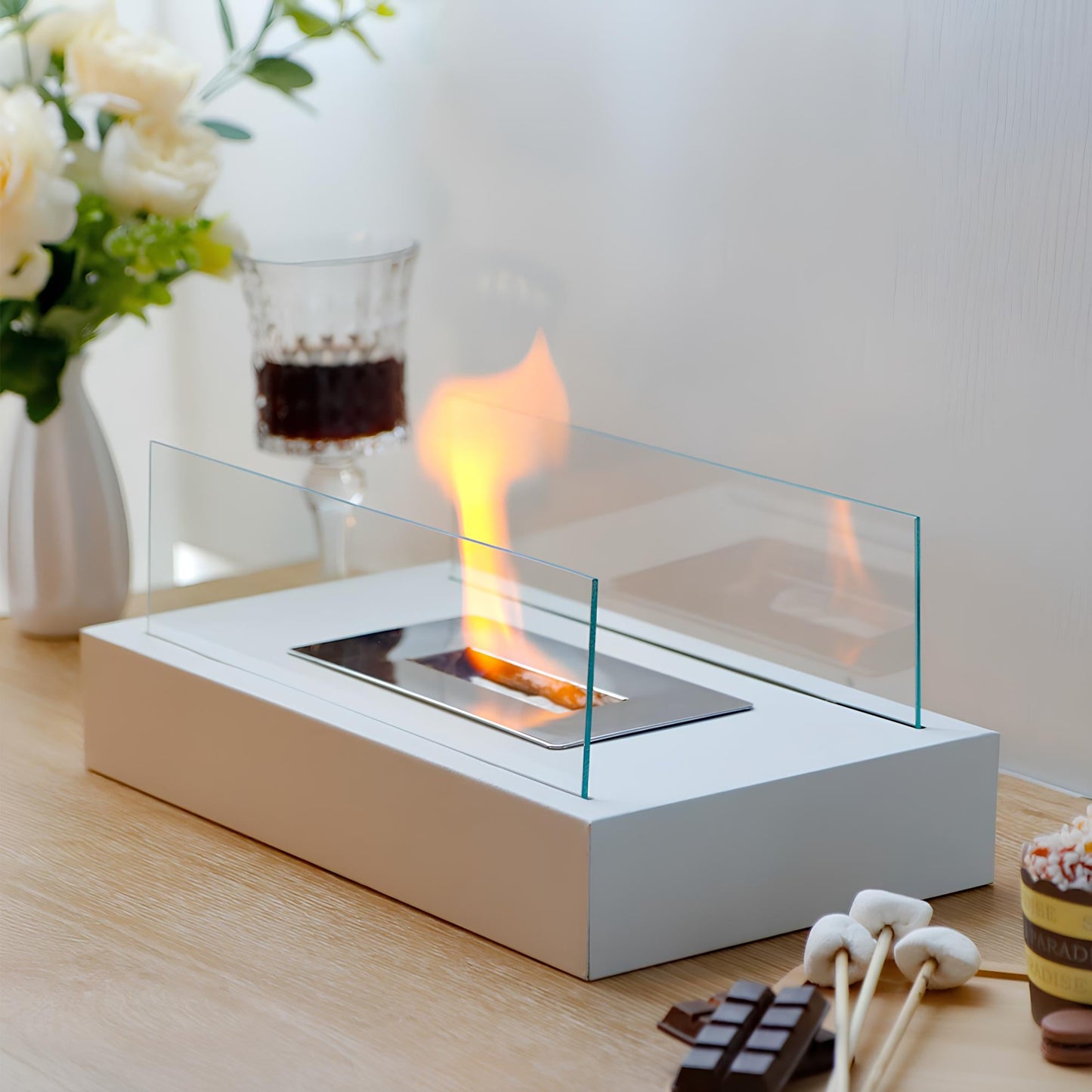 Tabletop Fireplace - Elegant Rectangular Design with Glass Walls - Metal Base & Reusable Wick - Ambient Lighting - Safe & Durable Construction - Fuel Not Included