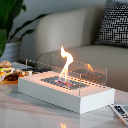 Tabletop Fireplace - Elegant Rectangular Design with Glass Walls - Metal Base & Reusable Wick - Ambient Lighting - Safe & Durable Construction - Fuel Not Included