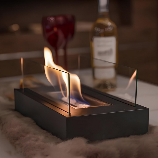 Tabletop Fireplace - Elegant Rectangular Design with Glass Walls - Metal Base & Reusable Wick - Ambient Lighting - Safe & Durable Construction - Fuel Not Included