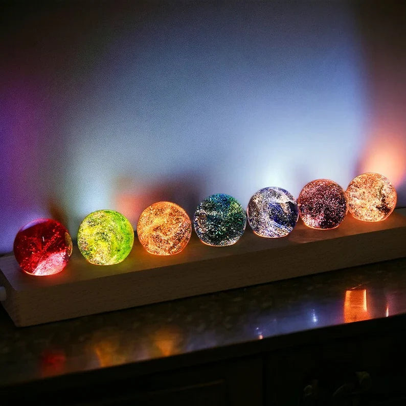 Luminous Crystal Galaxy Orbs – 7 Colorful Spheres – USB Powered – Wooden Base – Elegant Home Decor for Office and Room