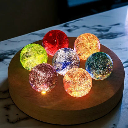 Luminous Crystal Galaxy Orbs – 7 Colorful Spheres – USB Powered – Wooden Base – Elegant Home Decor for Office and Room