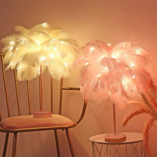 Feather Palm Tree - Ostrich Feather Design with Metal Base - USB or Battery Powered - Cozy Warm Light - Perfect for Home Decor - 48cm Height - Remote Control Included