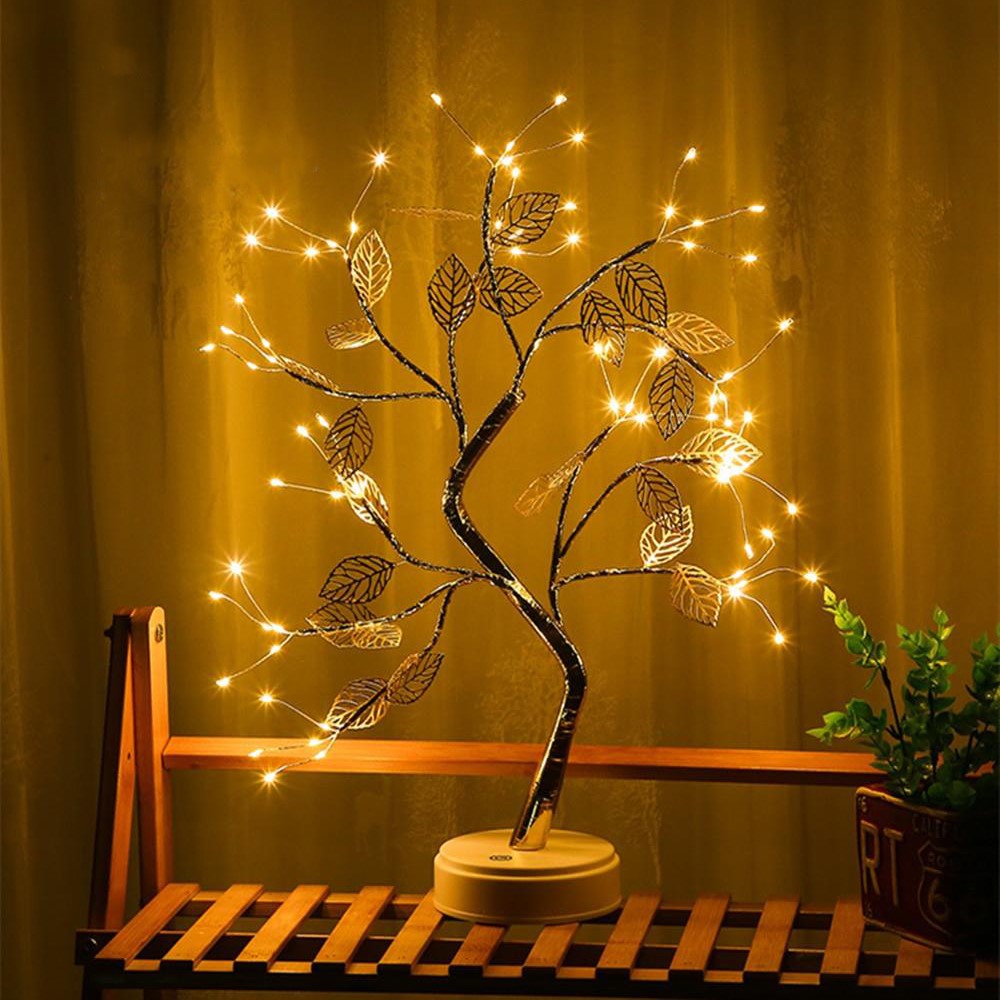 Golden Leaf Tree - Adjustable Branches with 72 LED Lights - Warm White Cozy Lighting - USB or Battery Powered - 50 cm Height - Perfect for Home Décor or Gifts