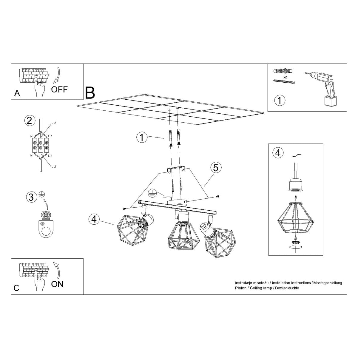 Sollux Lighting Ceiling Lamp Artemis 3 Black - Modern Loft-Style - Adjustable Light Angle - Replaceable Bulbs - Durable Powder-Coated Steel - Versatile 3-Point Lighting
