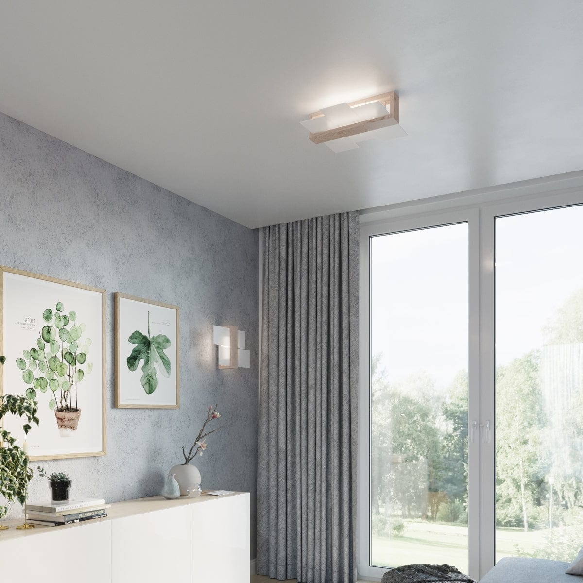 Sollux Lighting Feniks Modern Ceiling Lamp - E27 - Wood & Glass - Natural Wood - 43x43x12 cm