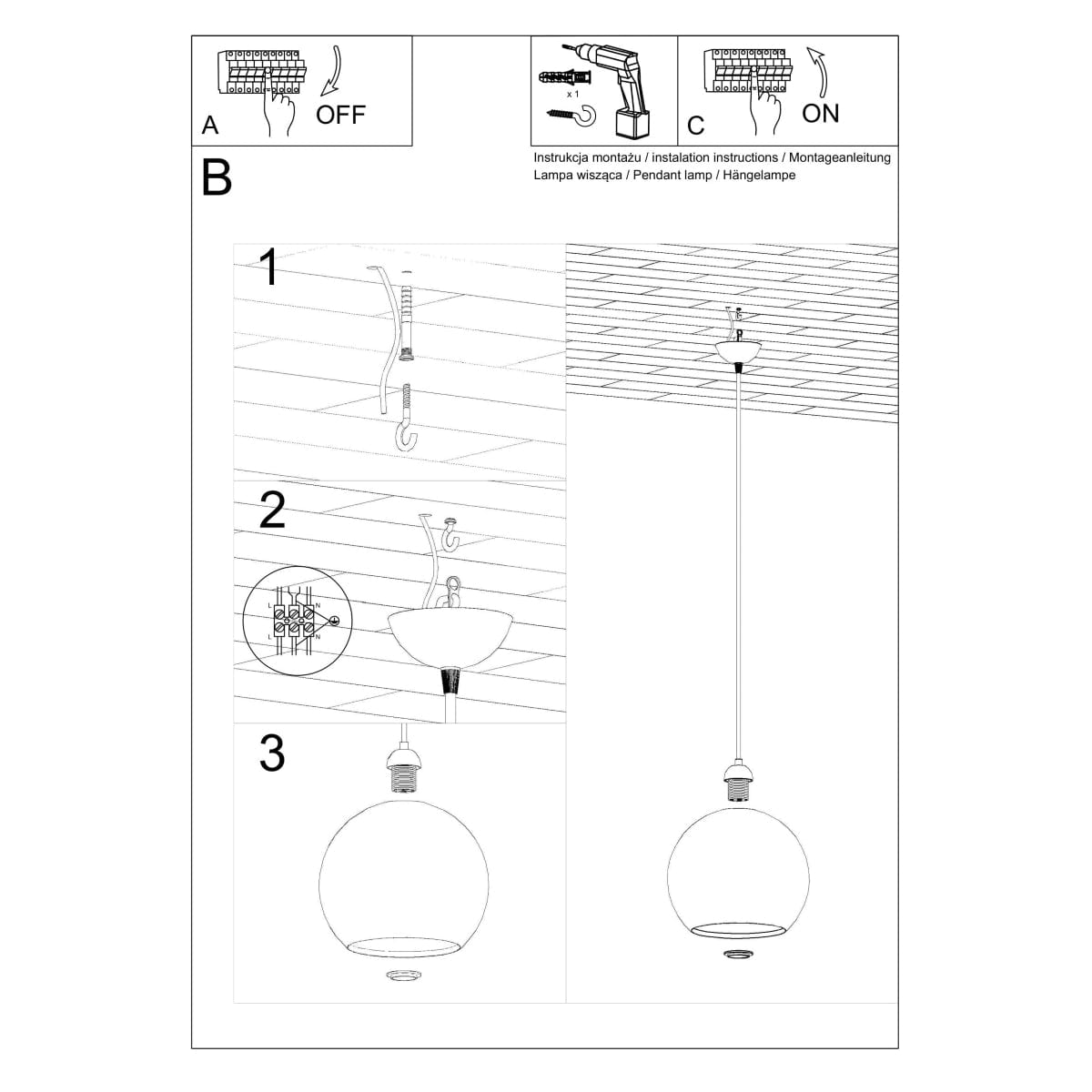 Sollux Lighting Glass Ball Pendant Lamp - Modern Hanging Light - 8 Color Options - Replaceable E27 Bulb Compatible - Evenly Dispersed Glow - Minimalist Design