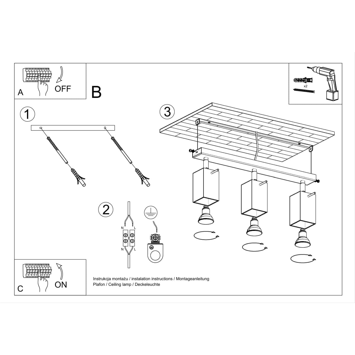 Sollux Lighting Merida Industrial Black Triple Spotlight - Adjustable Steel Wall & Ceiling Lamp - 45x6x16 cm