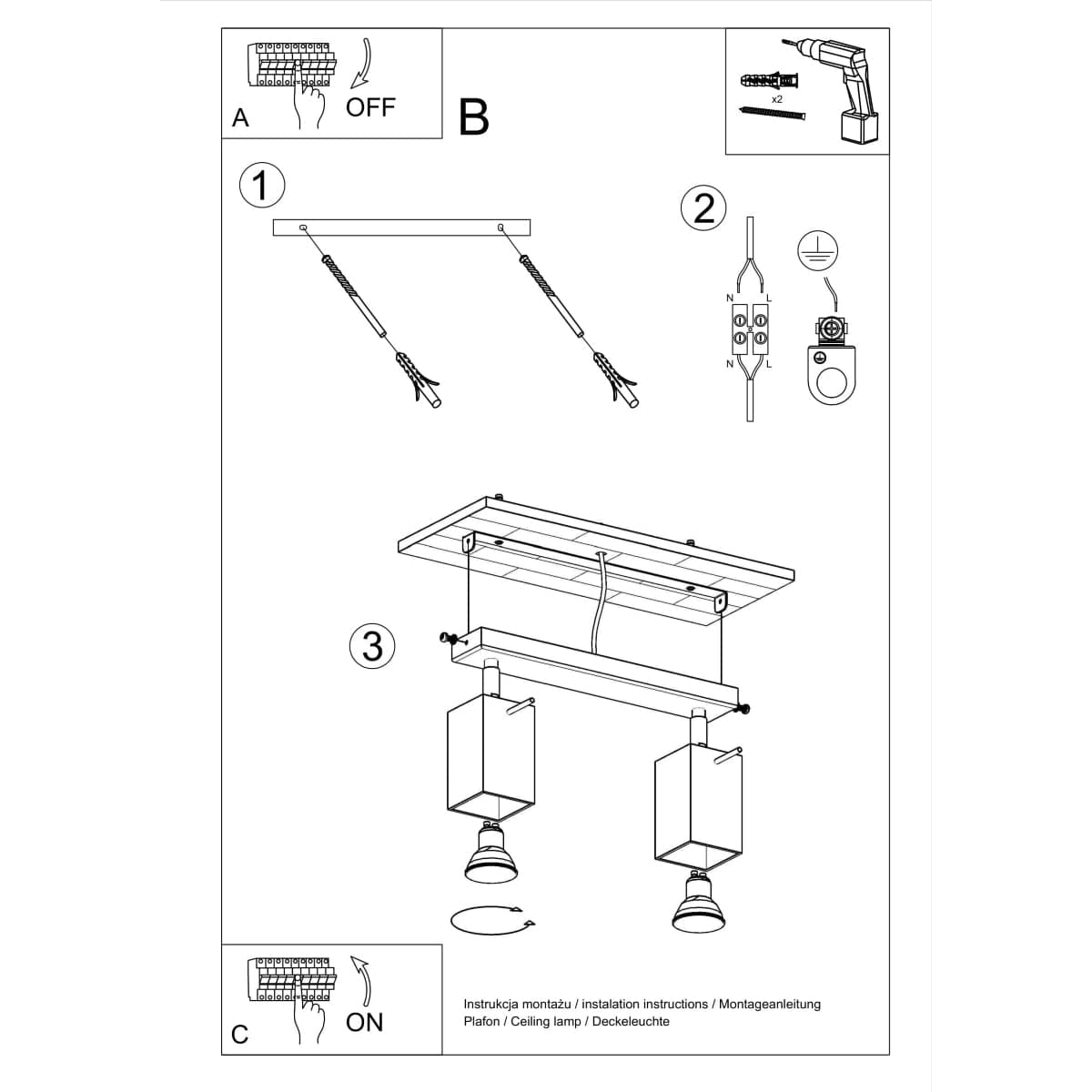 Sollux Lighting Merida Industrial White Double Spotlight - Adjustable Steel Ceiling Lamp, 30x6x16 cm