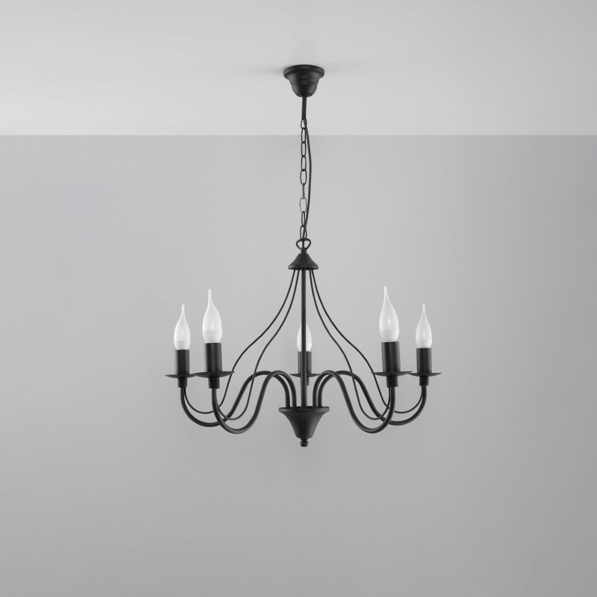 Sollux Lighting Minerwa Chandelier - 5-Arm Candelabra Design - E14 - Black Steel Finish - Classic Elegance