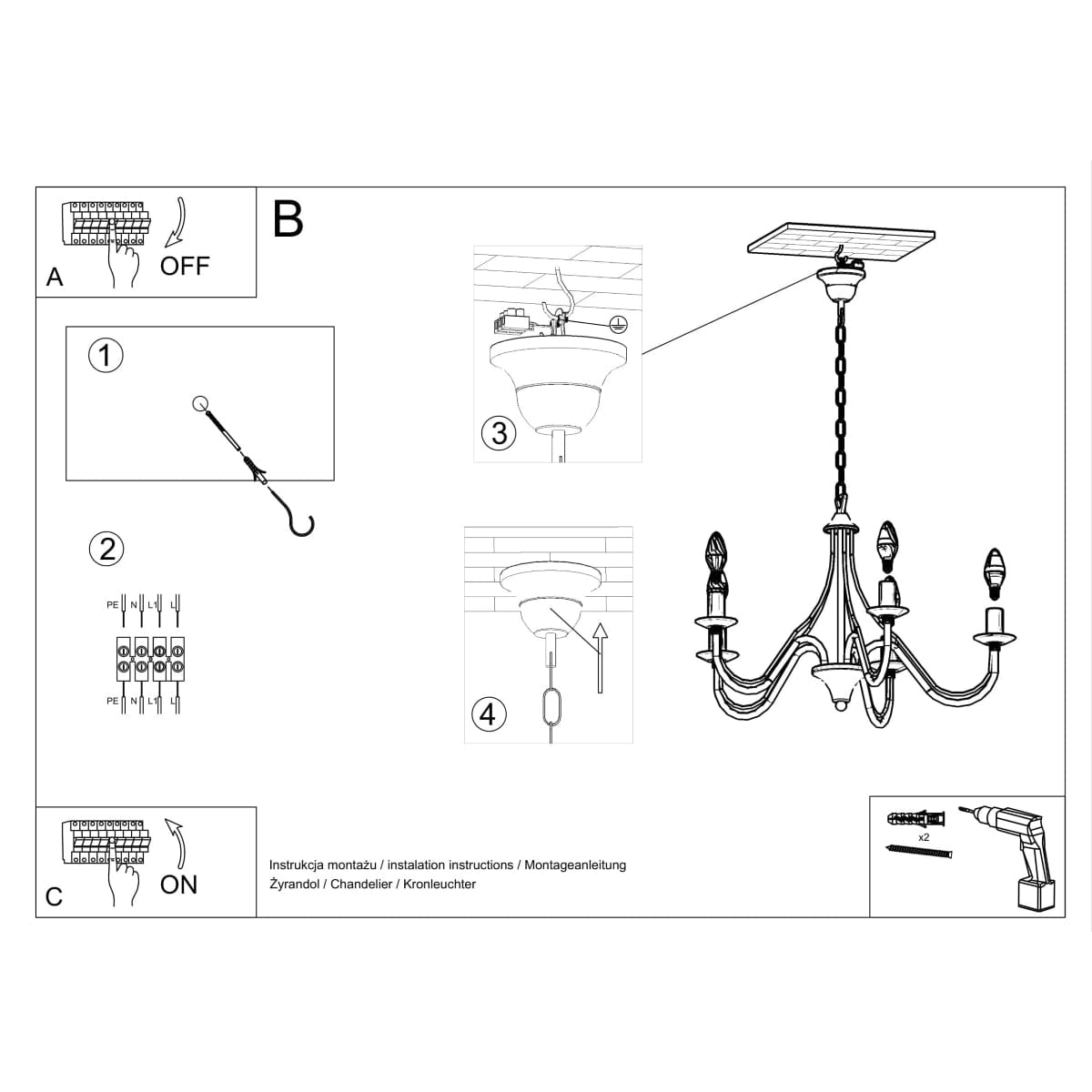 Sollux Lighting Minerwa Chandelier - 7-Arm Black Candelabra - E14 - Steel - Timeless Elegance