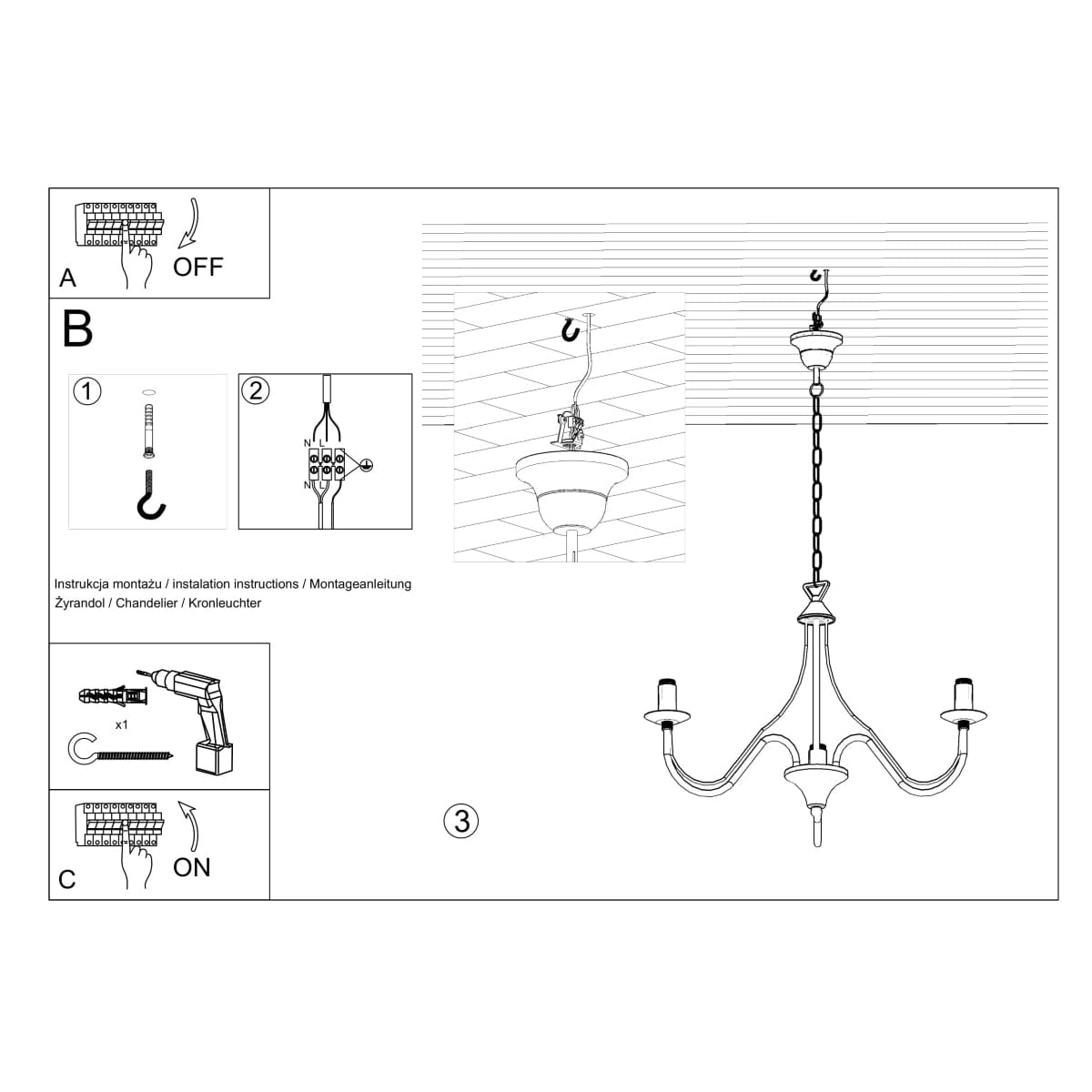 Sollux Lighting Minerwa Chandelier - White Steel - 3-Light Candelabra Style - E14 LED Compatible