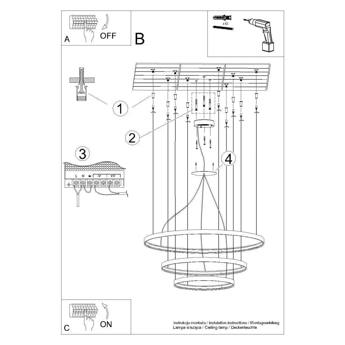 Sollux Lighting RIO 3 LED Chandelier - 55/78/110 White - 4000K Neutral Light - Modern Circular Design - High CRI & Energy-Efficient