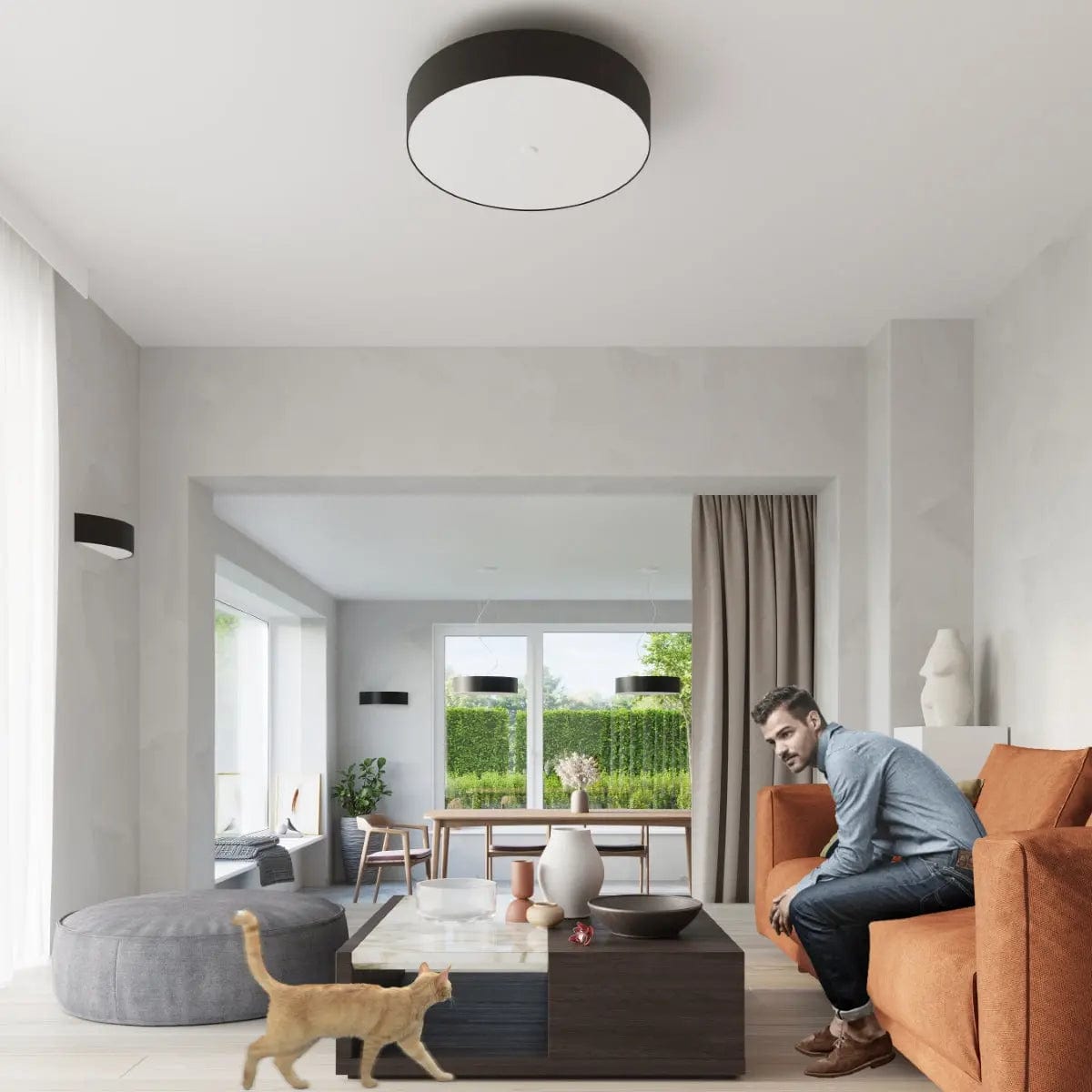 Sollux Lighting SKALA Ceiling Light - Black Finish - 80cm Minimalist Design - Steel Glass Fabric - E27 Bulb Compatible - Modern Home Lighting