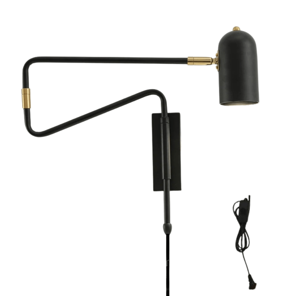 Verthara Adjustable Industrial Wall Lamp with Long Arm and Switch – Black and Gold Wall Sconce for Versatile Lighting Black with open line