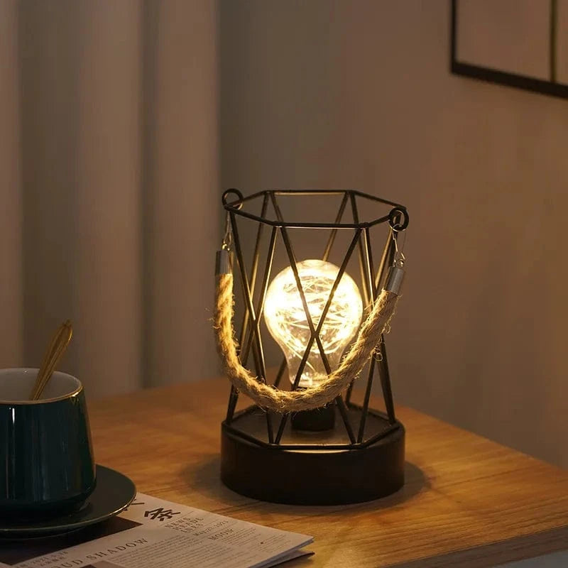 Verthara Battery Operated Iron Wire Cage LED Table Lamp – Decorative Bedside Lamp for Bedroom and Living Room, Warm White Light Six sided lantern