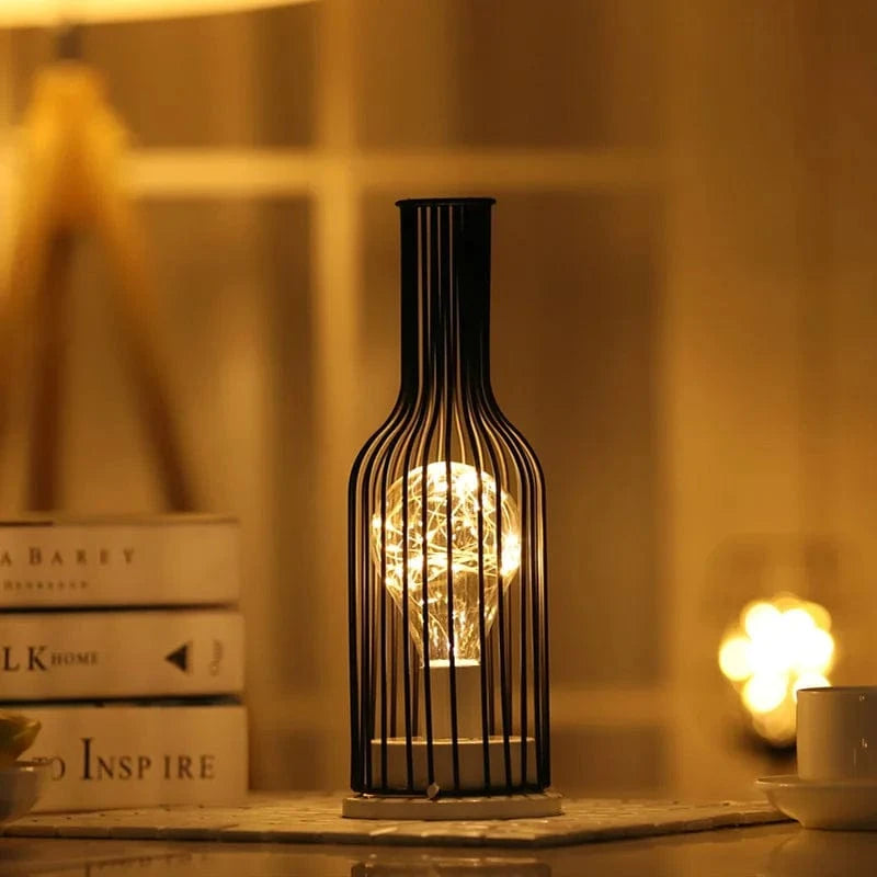 Verthara Battery Operated Iron Wire Cage LED Table Lamp – Decorative Bedside Lamp for Bedroom and Living Room, Warm White Light Red wine bottle