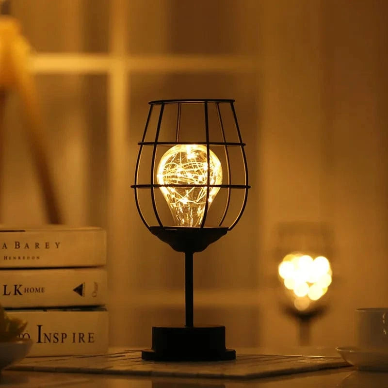 Verthara Battery Operated Iron Wire Cage LED Table Lamp – Decorative Bedside Lamp for Bedroom and Living Room, Warm White Light Red wine glass